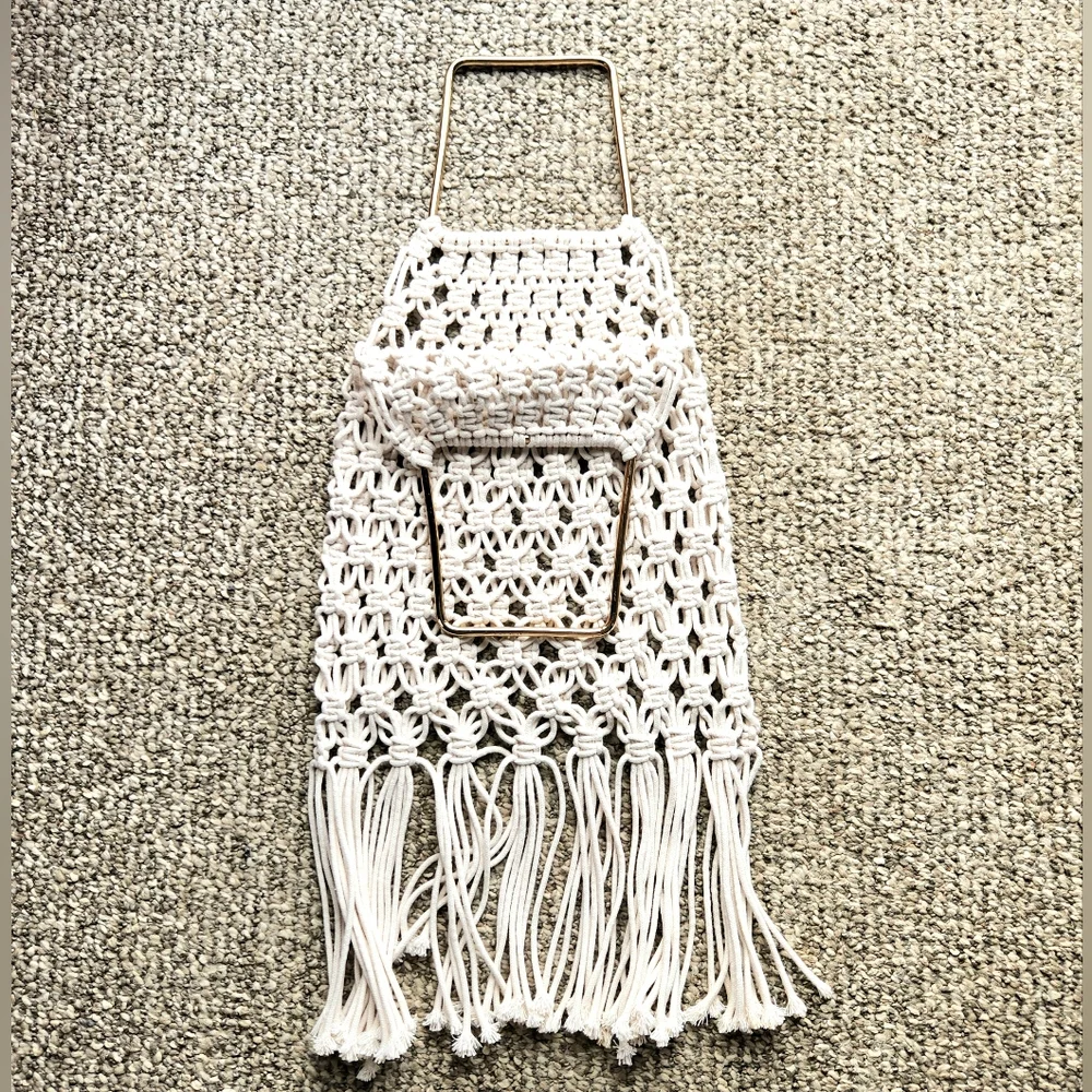 Macrame Fringed Clutch Hand Bag Ivory Metal Handle Boho Hippie Beach Woven Purse - Picture 7 of 8